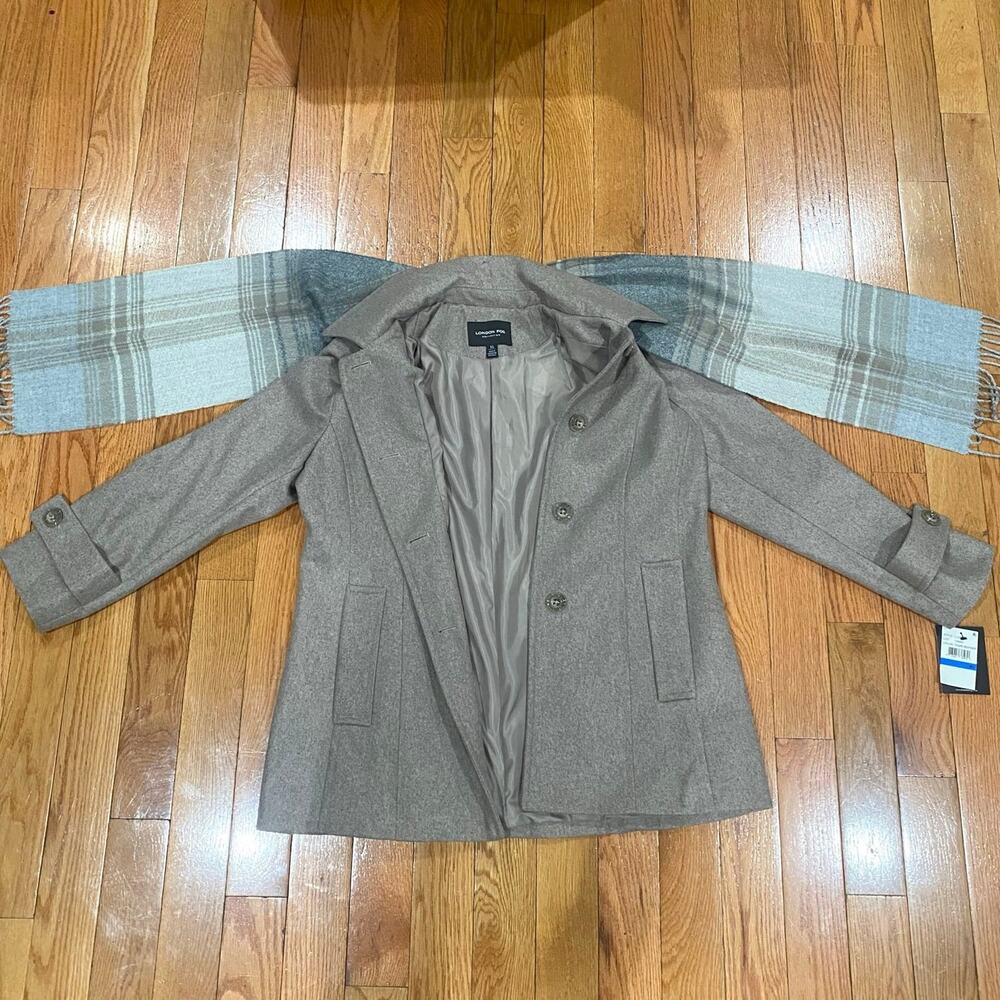 NWT London Fog Single-Breasted Wool Blend Gray Charcoal Coat w/ Scarf Women’s XL